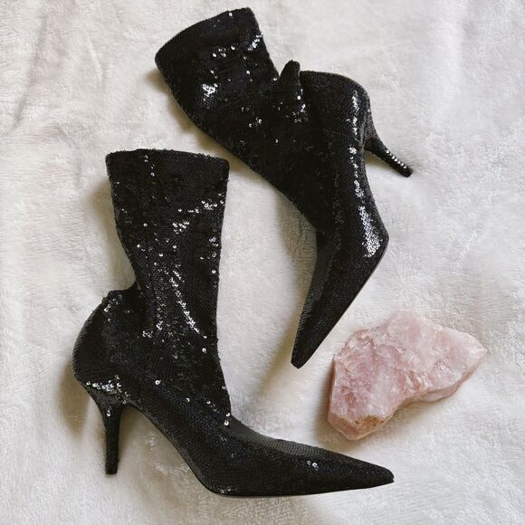 BALENCIAGA Womens Boots Black Sequin Glitter Mid-Calf Sock Stiletto Heel 37 - Picture 1 of 12